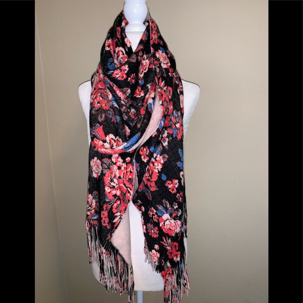 Black Scarf with Floral Print (Pink, Gray, Blue)